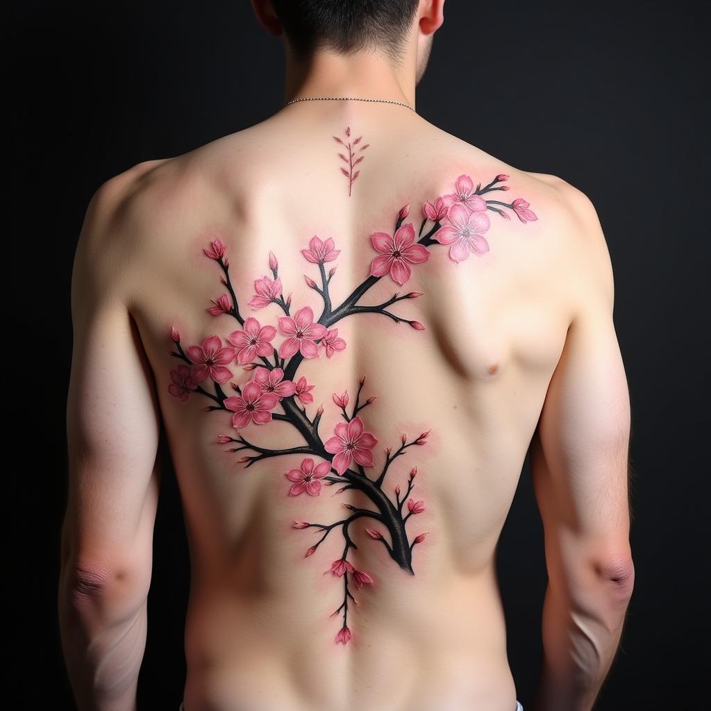 Hình xăm hoa anh đào phong cách Nhật Bản trên lưng nam giới, thể hiện vẻ đẹp phù du