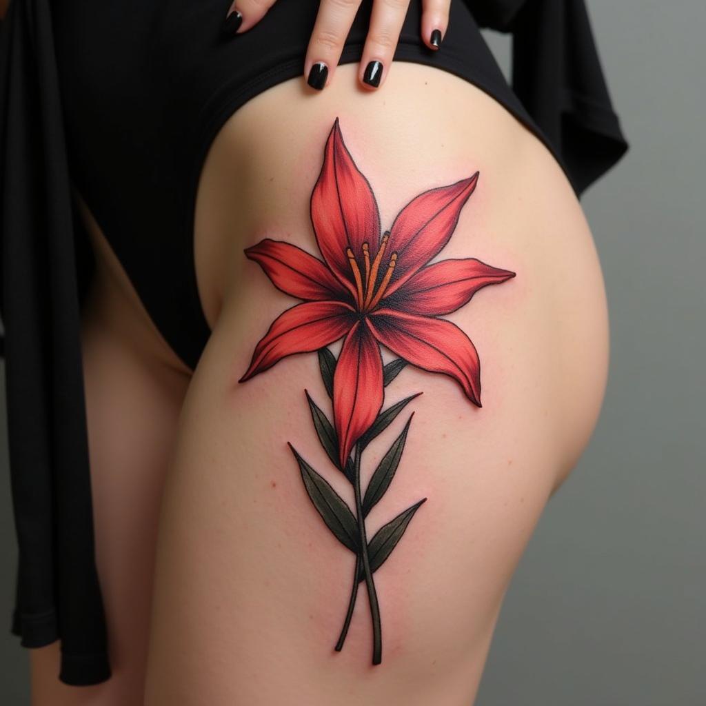 Hình xăm hoa bỉ ngạn đỏ ở đùi tôn lên vẻ gợi cảm quyến rũ và sự tự tin vào cơ thể của phụ nữ