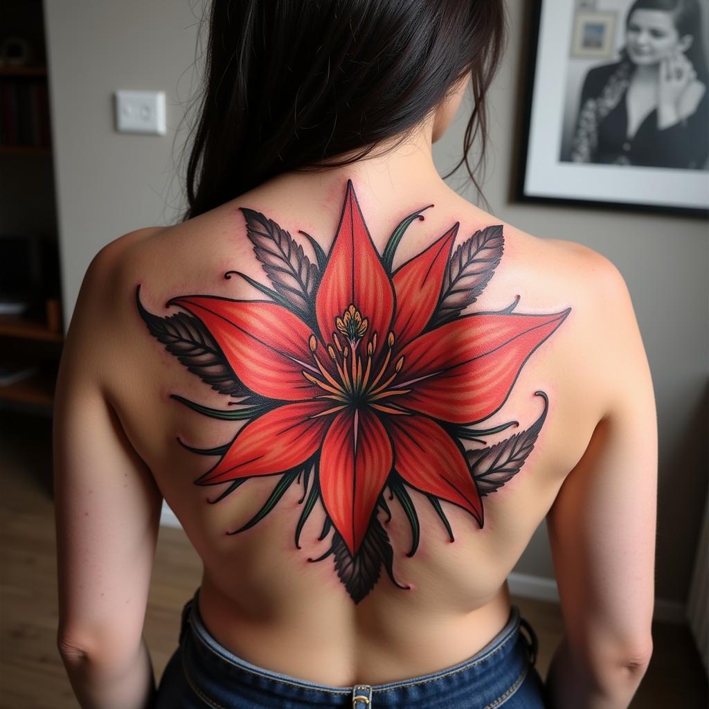 Hình xăm hoa bỉ ngạn đỏ ở lưng tượng trưng cho sự bí ẩn và khả năng chịu đựng nỗi đau trong quá khứ