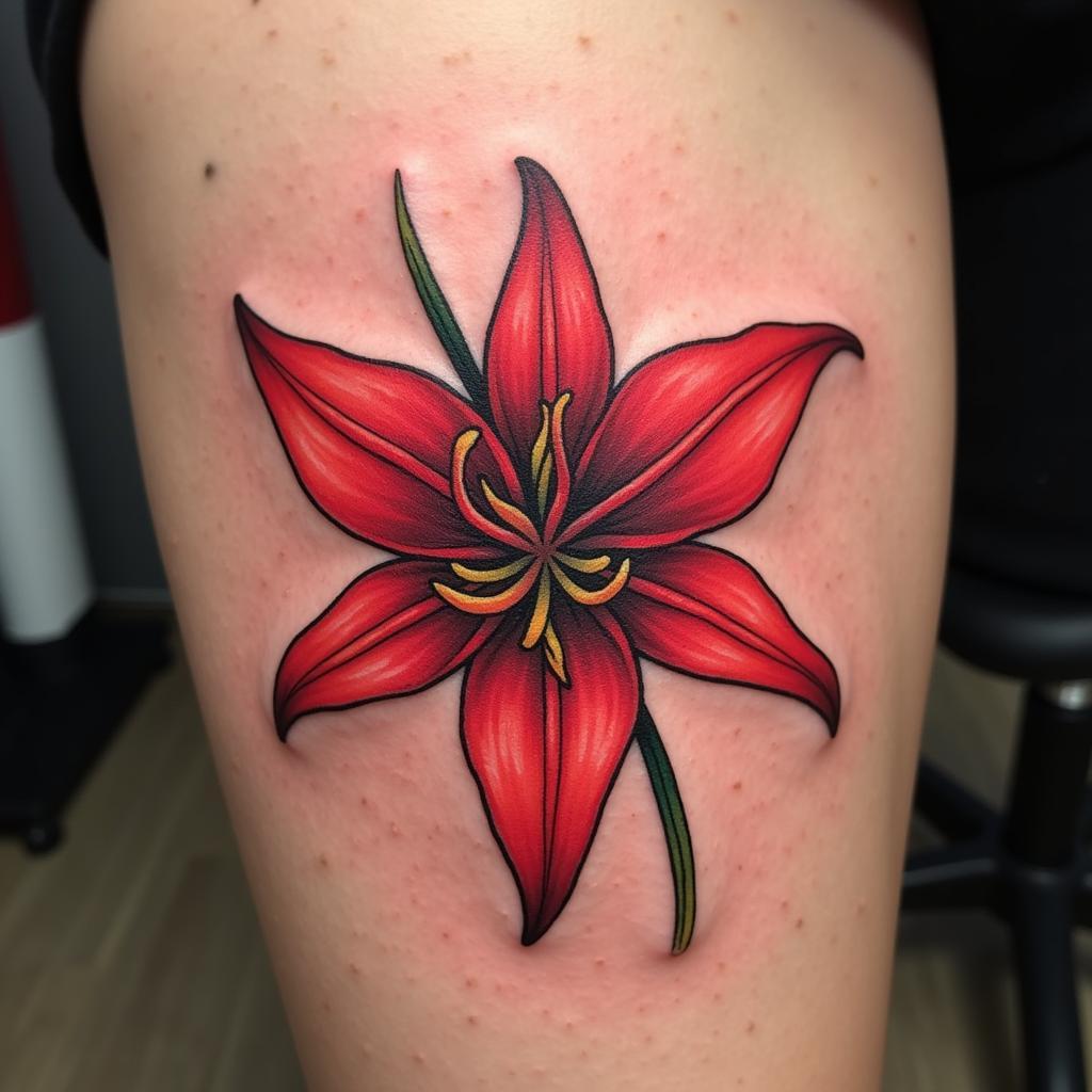 Hình xăm hoa bỉ ngạn đỏ với màu sắc rực rỡ thể hiện ý nghĩa sâu sắc về tình yêu và sự chia ly