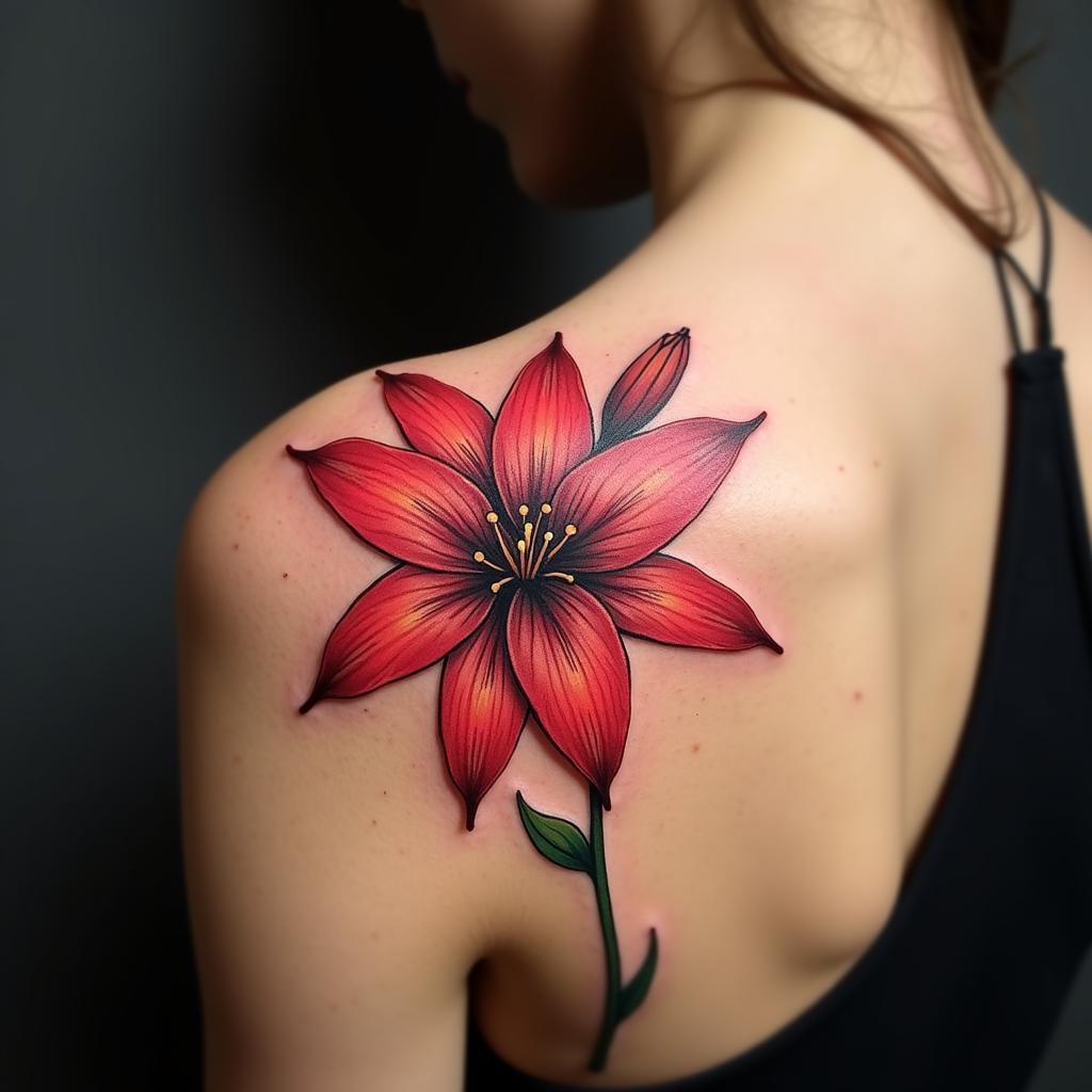 Hinh xăm hoa bỉ ngạn ở vai cho nữ mang ý nghĩa chia ly và luyến tiếc trong tình yêu