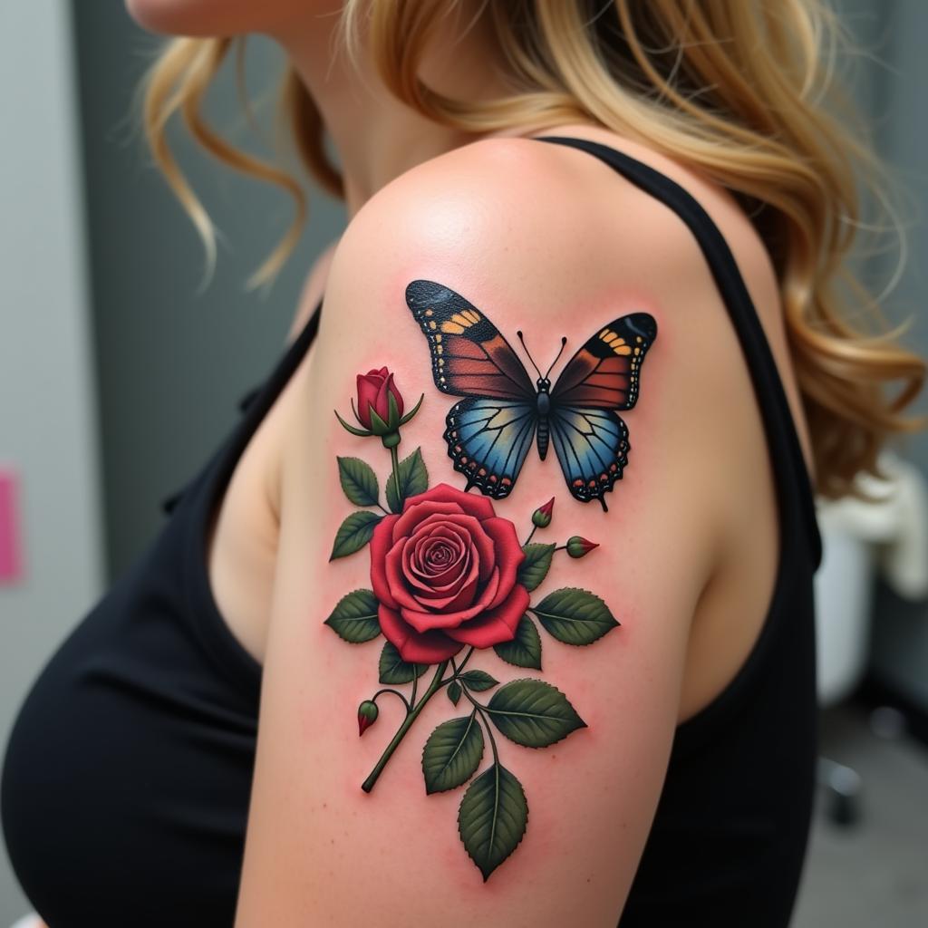 Hình xăm hoa hồng và bướm trên cánh tay, thể hiện sự tự tin và mạnh mẽ