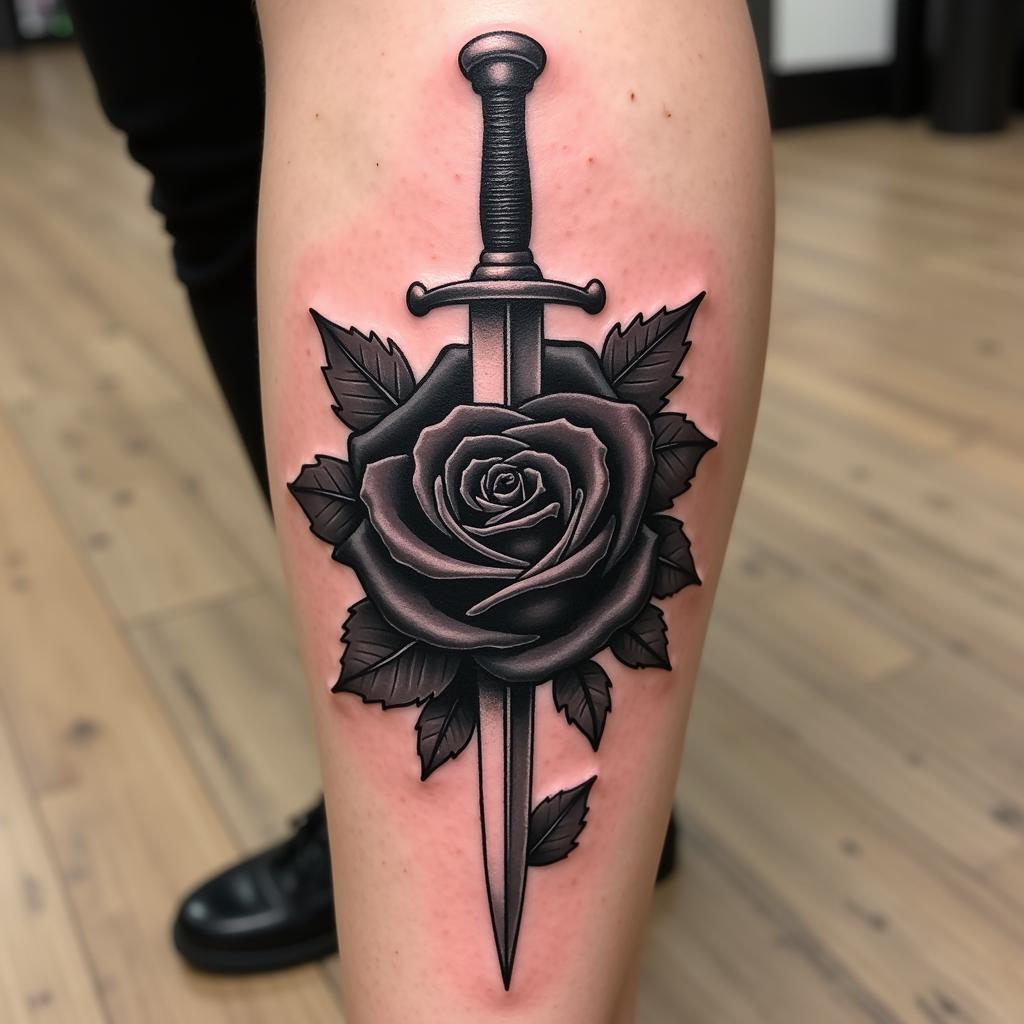 hinh-xam-hoa-hong-den-dao-gam-bao-ve-67be8f Hình xăm hoa hồng đen và dao găm trên tay, biểu tượng cho sự bảo vệ, mạnh mẽ và sẵn sàng đối đầu.