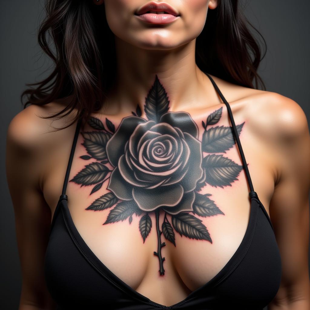 hinh-xam-hoa-hong-den-nguc-goi-cam-67be8e Hình xăm hoa hồng đen lớn ở ngực người phụ nữ, thể hiện sự táo bạo, quyến rũ và cá tính mạnh mẽ.