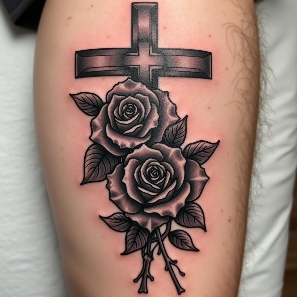 hinh-xam-hoa-hong-den-thanh-gia-duc-tin-67be8f Hình xăm hoa hồng đen kết hợp thánh giá, biểu tượng cho đức tin, sự hy sinh và lòng cứu rỗi.