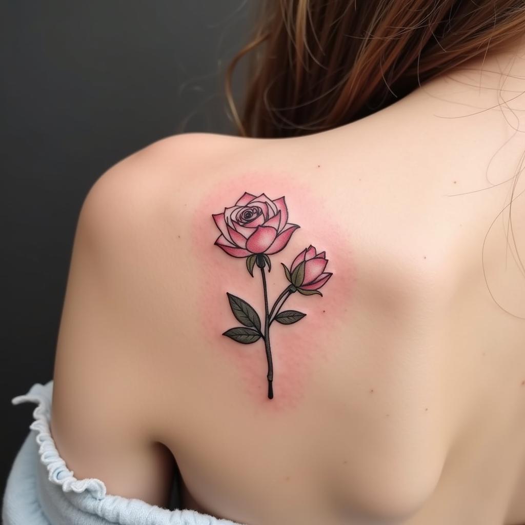 Hình xăm hoa hồng và hoa sen tinh tế trên bả vai, biểu tượng nữ tính và thanh khiết