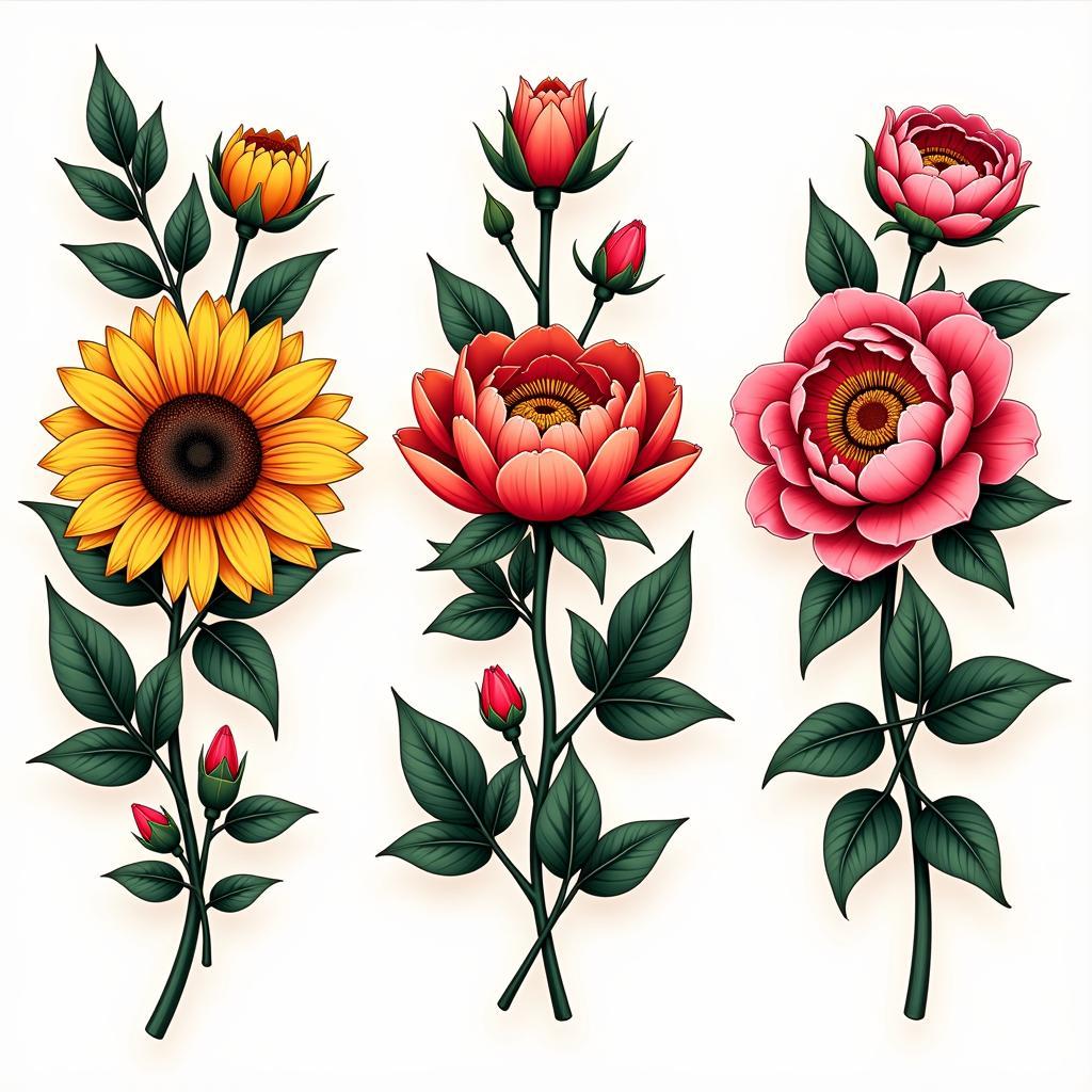 Hình xăm hoa hướng dương, hoa mẫu đơn, hoa trà, tượng trưng vẻ đẹp và phú quý cho mệnh Hỏa