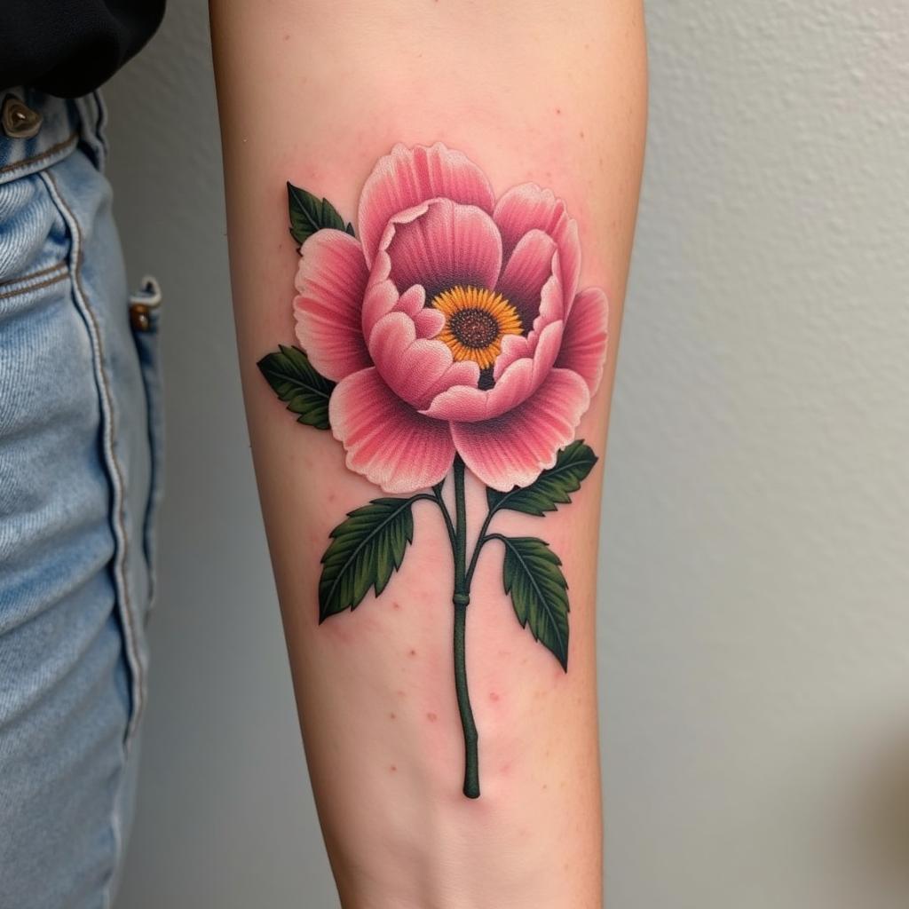 Hình xăm hoa mẫu đơn ở cẳng tay tạo sự cân đối và hài hòa