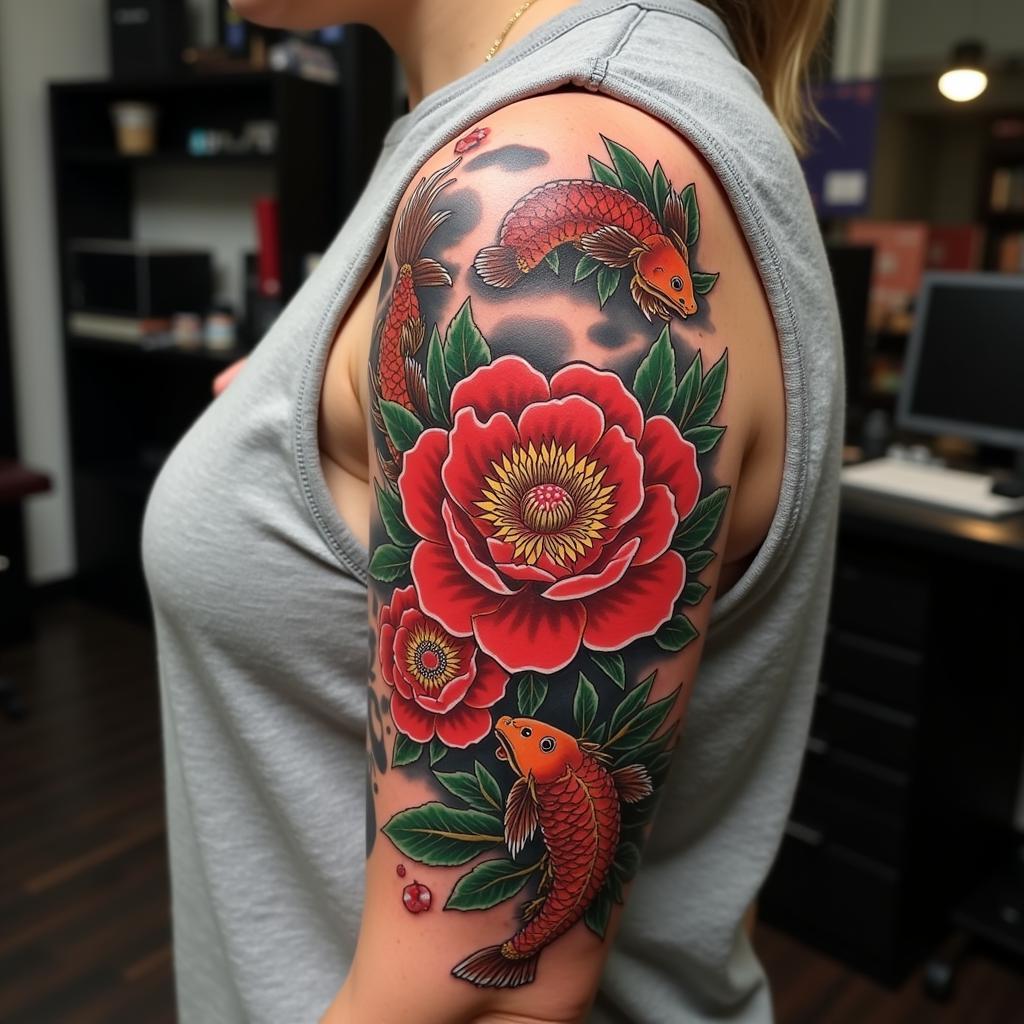 Hình xăm hoa mẫu đơn phong cách Irezumi Nhật Bản mạnh mẽ