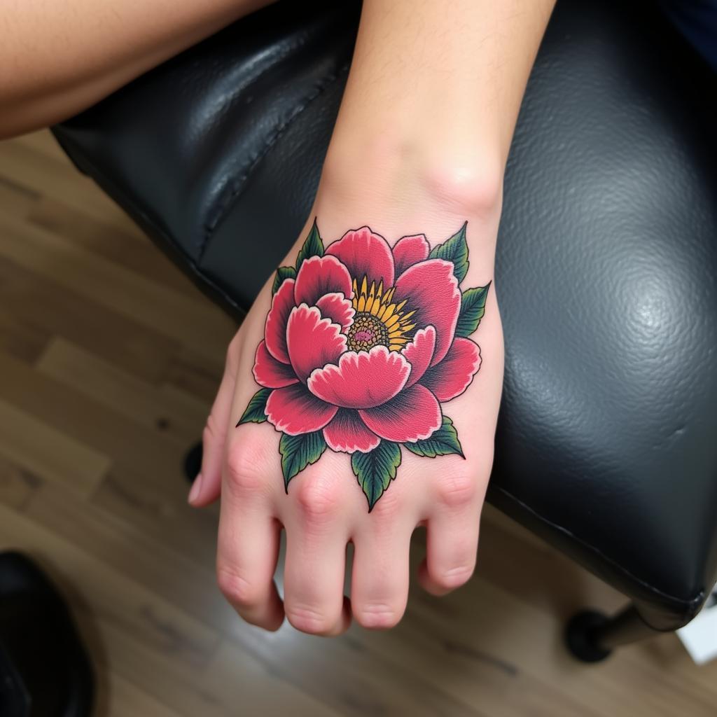 Hình xăm hoa mẫu đơn ở mu bàn tay thể hiện cá tính mạnh mẽ