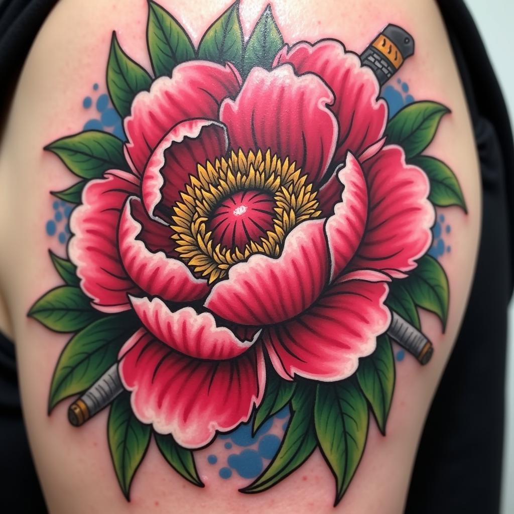Hình xăm hoa mẫu đơn Samurai, biểu tượng giàu có, thịnh vượng, sắc đẹp và danh dự