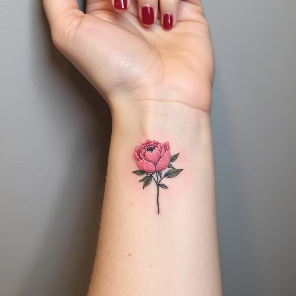 Hình xăm hoa mẫu đơn tay ở cổ tay nhỏ nhắn và mang đậm vẻ nữ tính