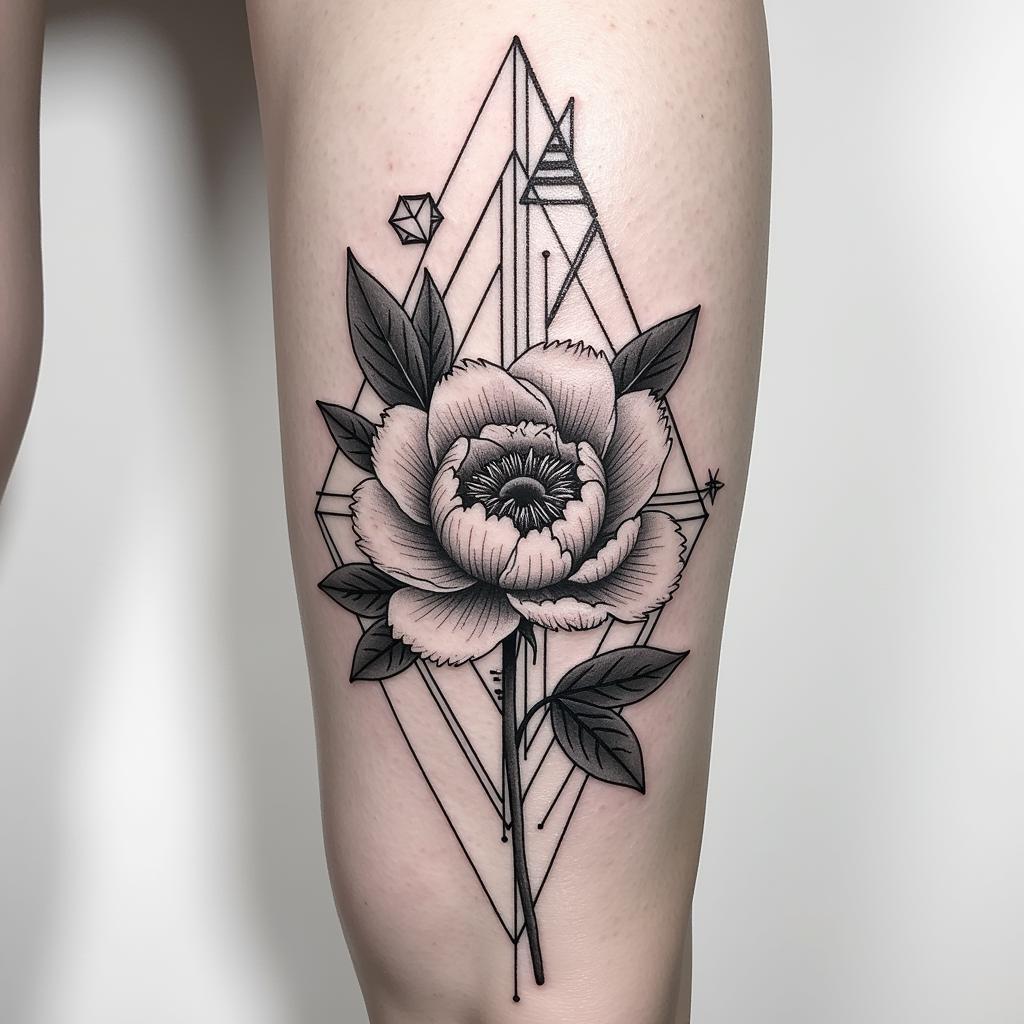 hinh-xam-hoa-mau-don-trang-den-ket-hop-geometric-67bf8d Hình xăm hoa mẫu đơn trắng đen kết hợp phong cách geometric hiện đại và độc đáo