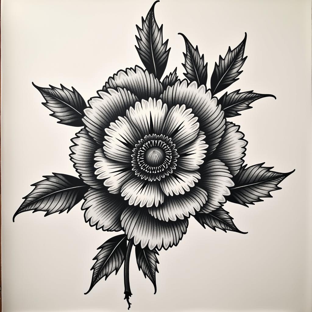 hinh-xam-hoa-mau-don-trang-den-phong-cach-traditional-67bf8d Hình xăm hoa mẫu đơn trắng đen phong cách traditional với đường nét đậm và cổ điển