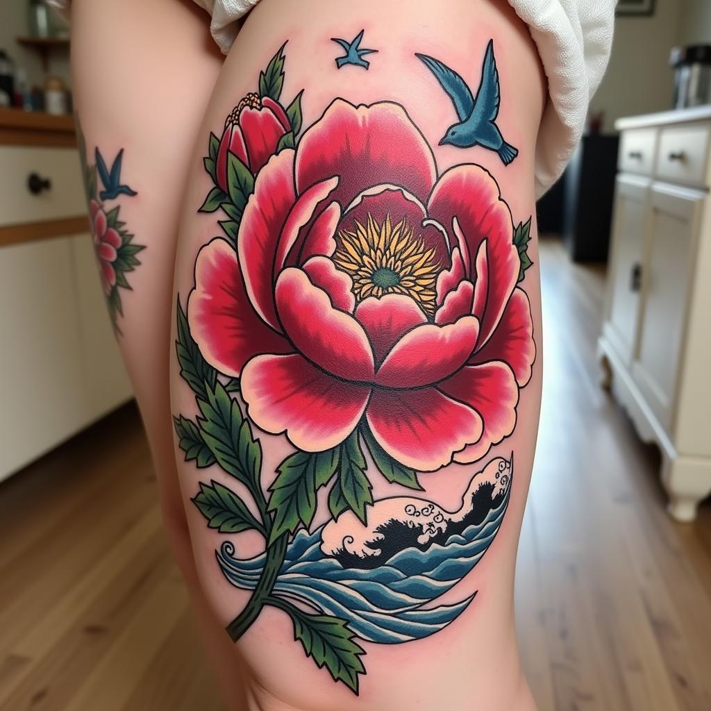 Hình xăm hoa mẫu đơn truyền thống với đường nét cổ điển và màu sắc tươi sáng
