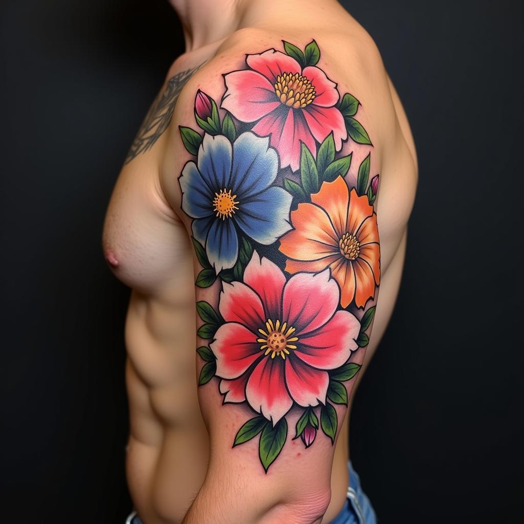 Hinh xăm hoa đẹp trên cánh tay nam giới thể hiện sự mạnh mẽ và cá tính