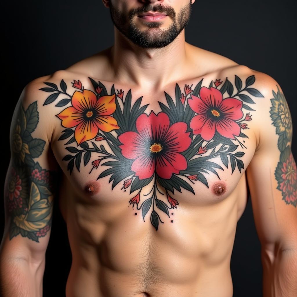 Hình xăm hoa lớn trên ngực nam giới thể hiện sự cá tính và táo bạo