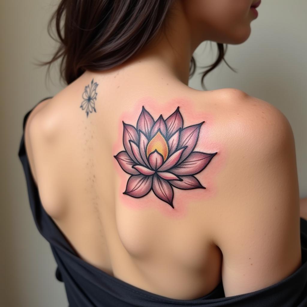 Hình xăm hoa sen mandala tinh tế trên vai người phụ nữ, thể hiện sự thanh khiết và giác ngộ tâm linh