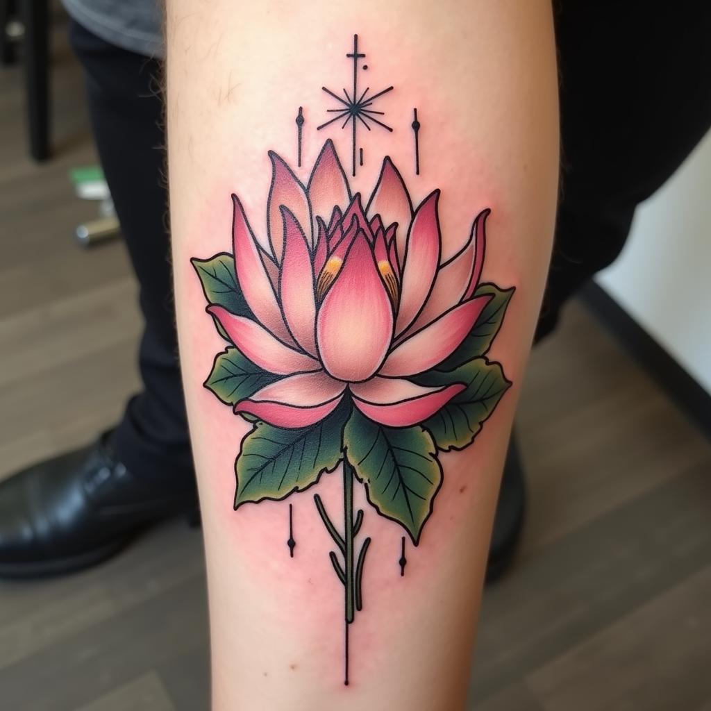 Hinh xam hoa sen no ro bieu tuong giac ngo va khai sang