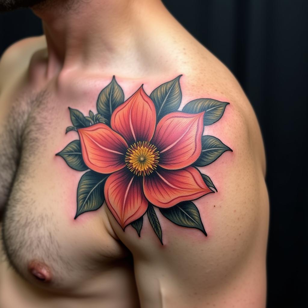Hình xăm hoa tả thực trên vai nam giới với độ chi tiết cao và màu sắc sống động