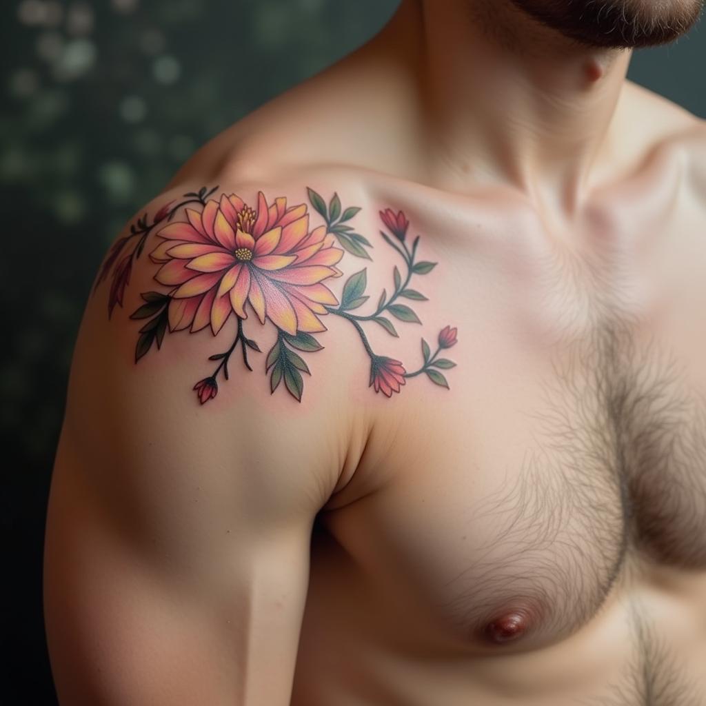 Hình xăm hoa trên vai nam giới với thiết kế tinh tế và màu sắc hài hòa