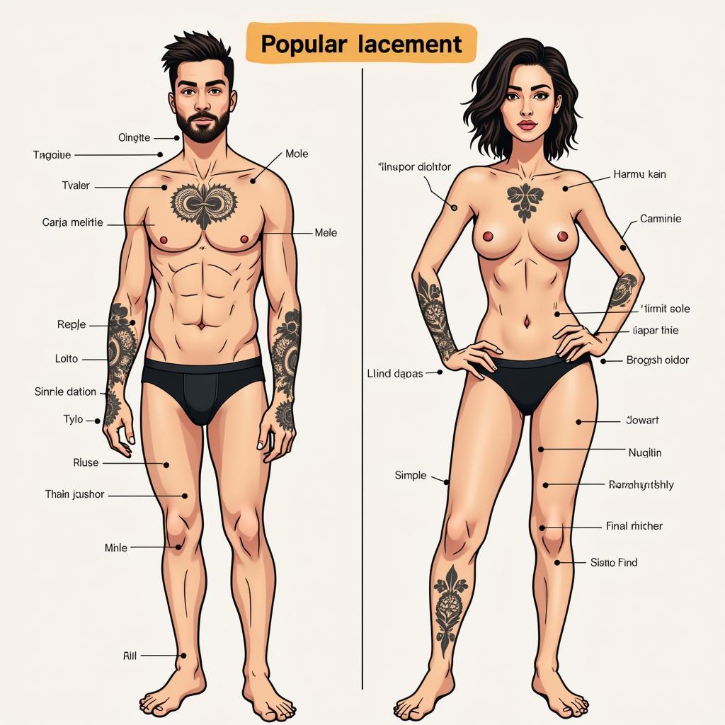 Hình ảnh minh họa các vị trí xăm hình hoa văn đơn giản phổ biến trên cơ thể nam nữ