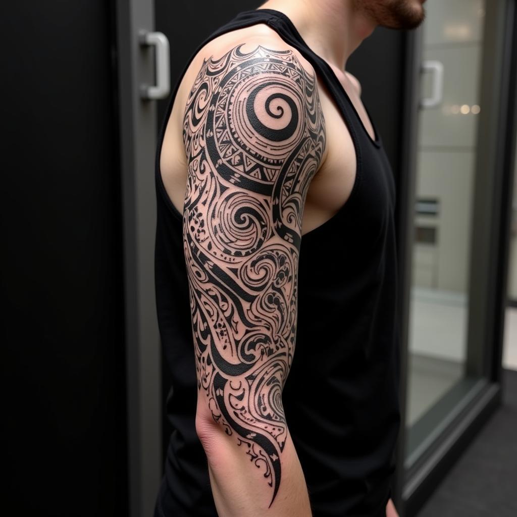 Hình xăm hoa văn Maori trên bắp tay thể hiện kết nối văn hóa và tâm linh