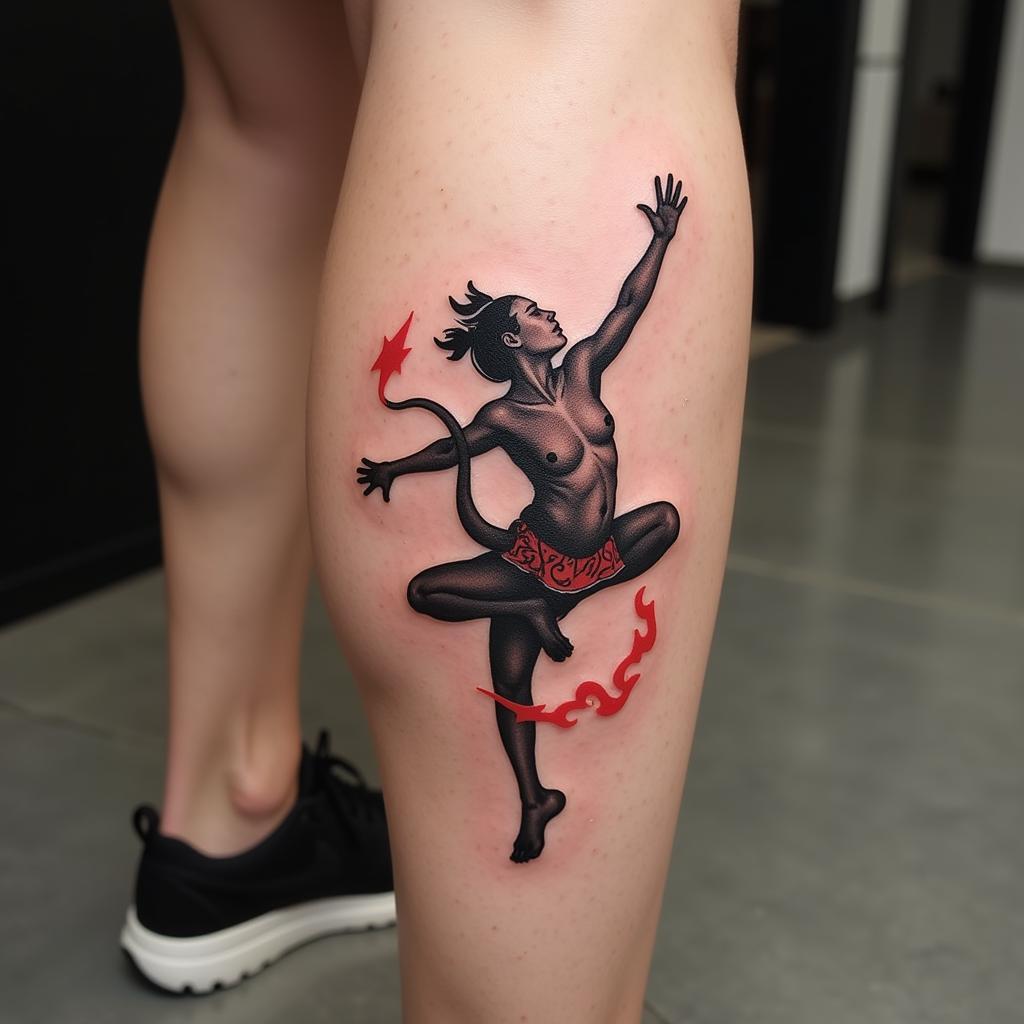 Hồng Hài Nhi ở bắp chân với hình ảnh bay nhảy, biểu thị sự tự do và năng động.