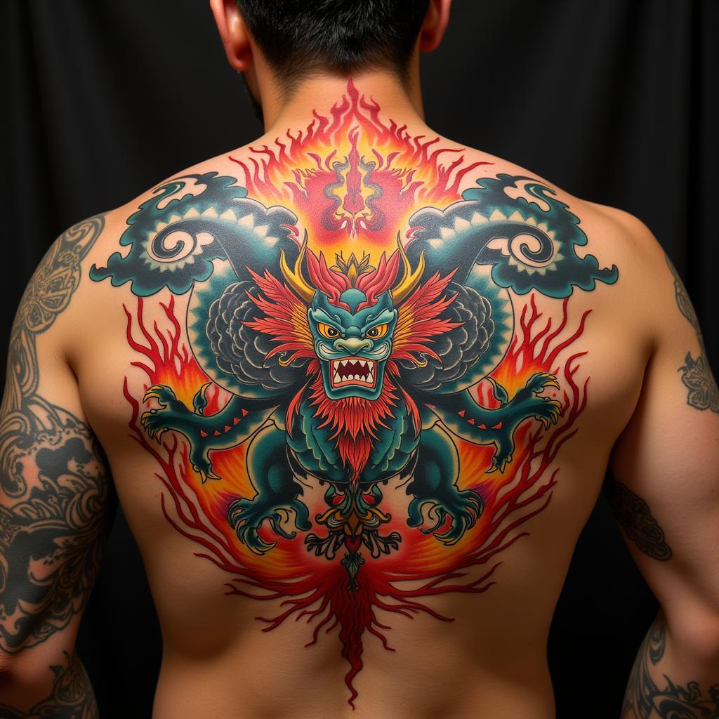 Hình xăm Hồng Hài Nhi ở lưng với thiết kế phức tạp, kết hợp hoa văn lửa và mây.