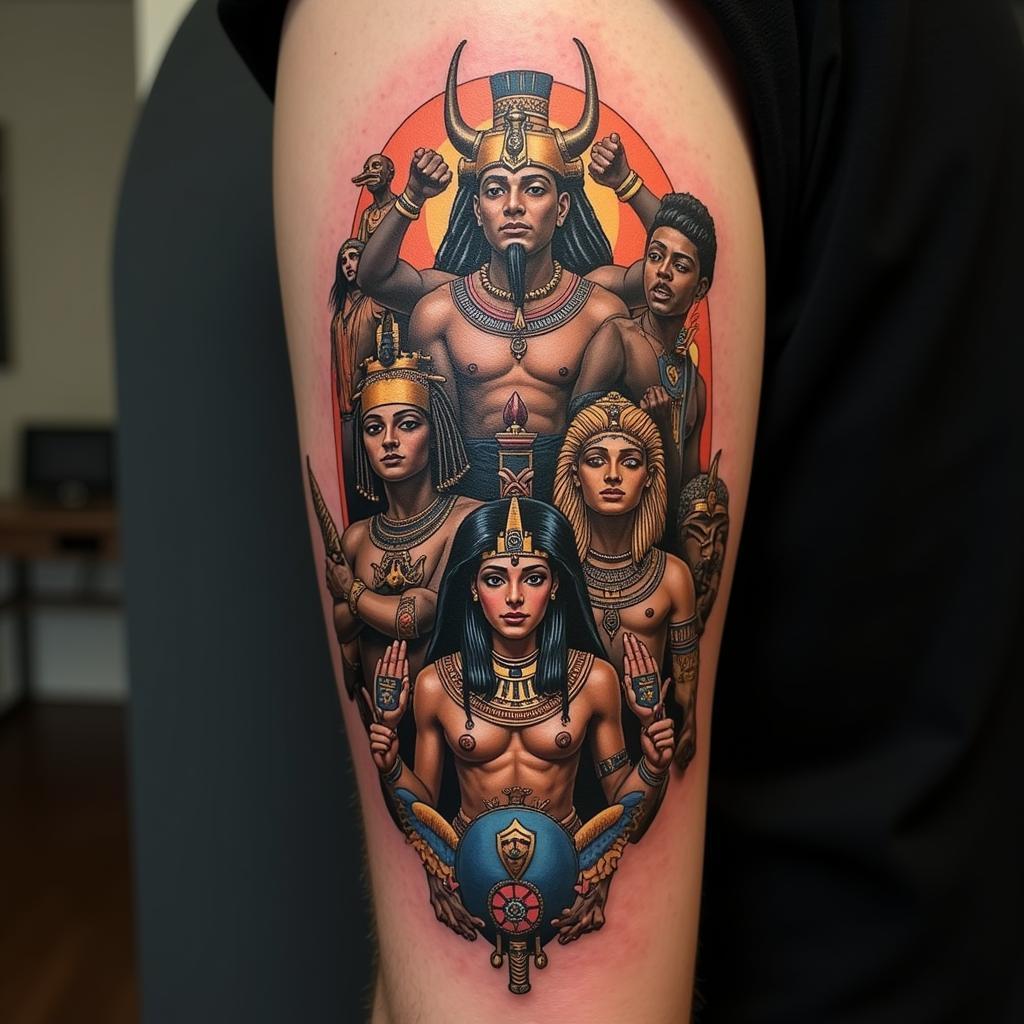 Hình xăm kết hợp nhiều vị thần Ai Cập tạo nên bức tranh thần thoại ấn tượng