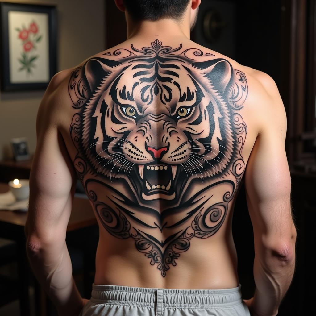 Hinh xam Khmer ho lon o lung voi hoa van tinh xao