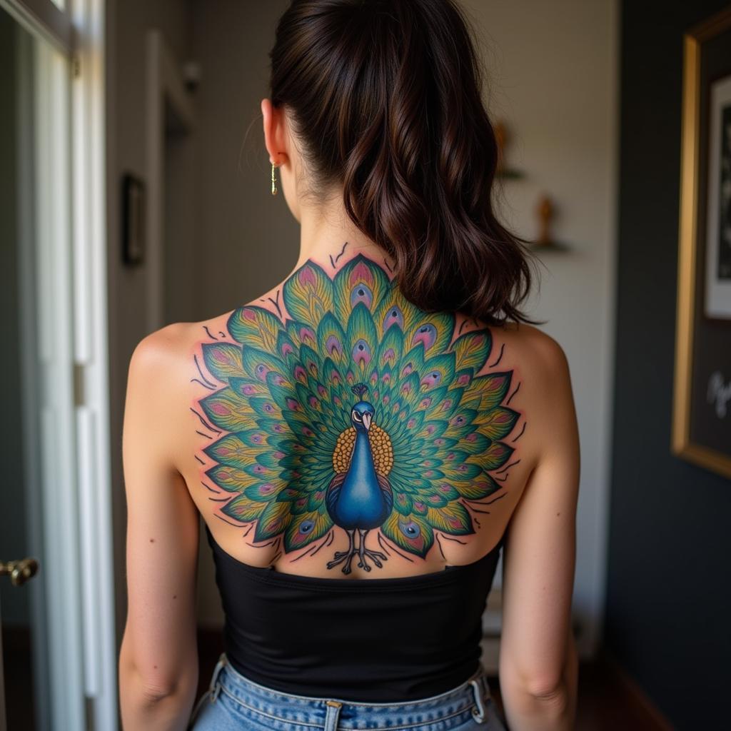 Hình xăm khổng tước lớn ở lưng nữ đẹp và quyến rũ