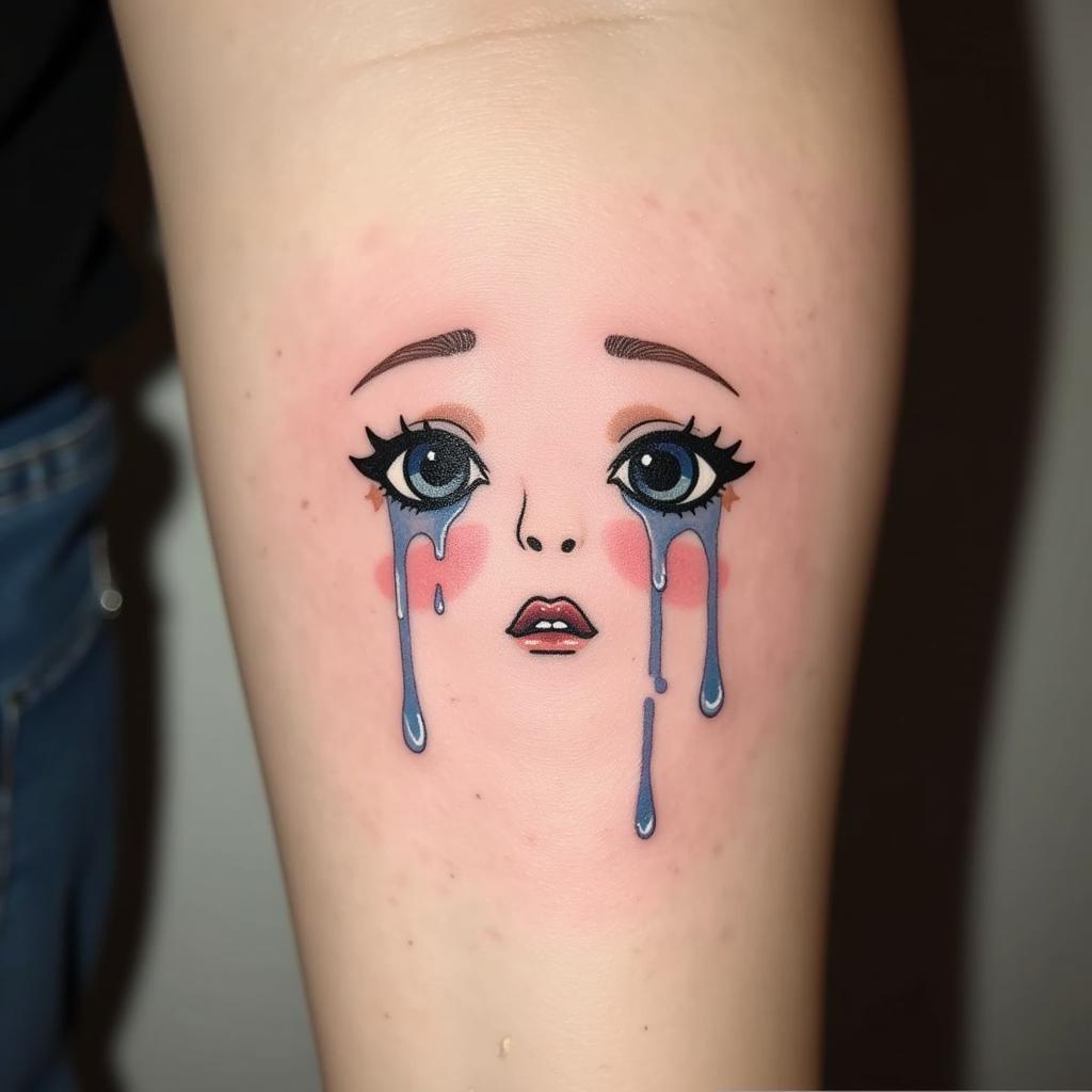 Hình xăm khuôn mặt khóc đơn giản với hai giọt nước mắt chảy dài trên má