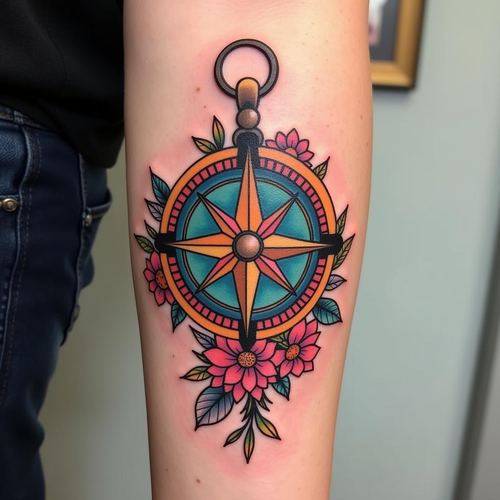 Hinh xam kim chi nam bien tau ket hop hoa la va mau sac ruc ro