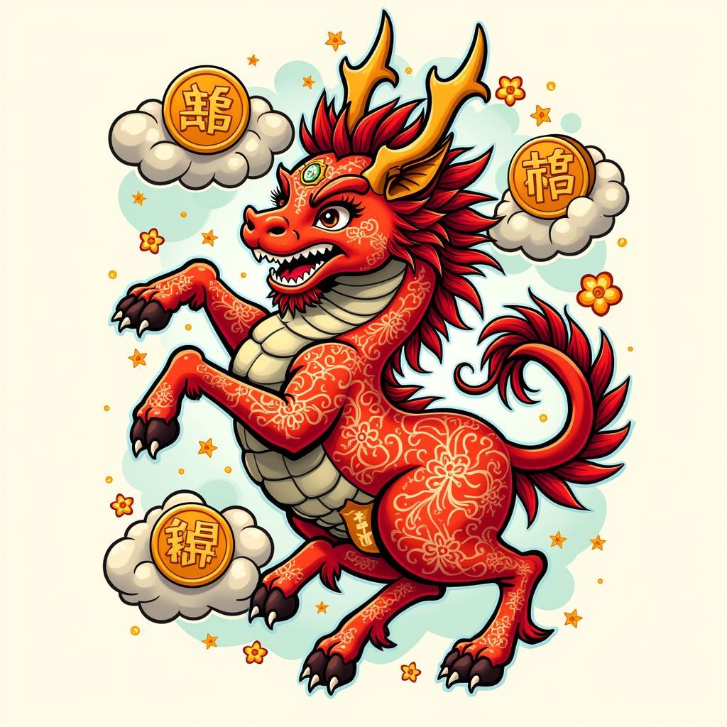 Hình xăm kỳ lân Nhật cổ tượng trưng cho may mắn tài lộc và sự thịnh vượng trong cuộc sống