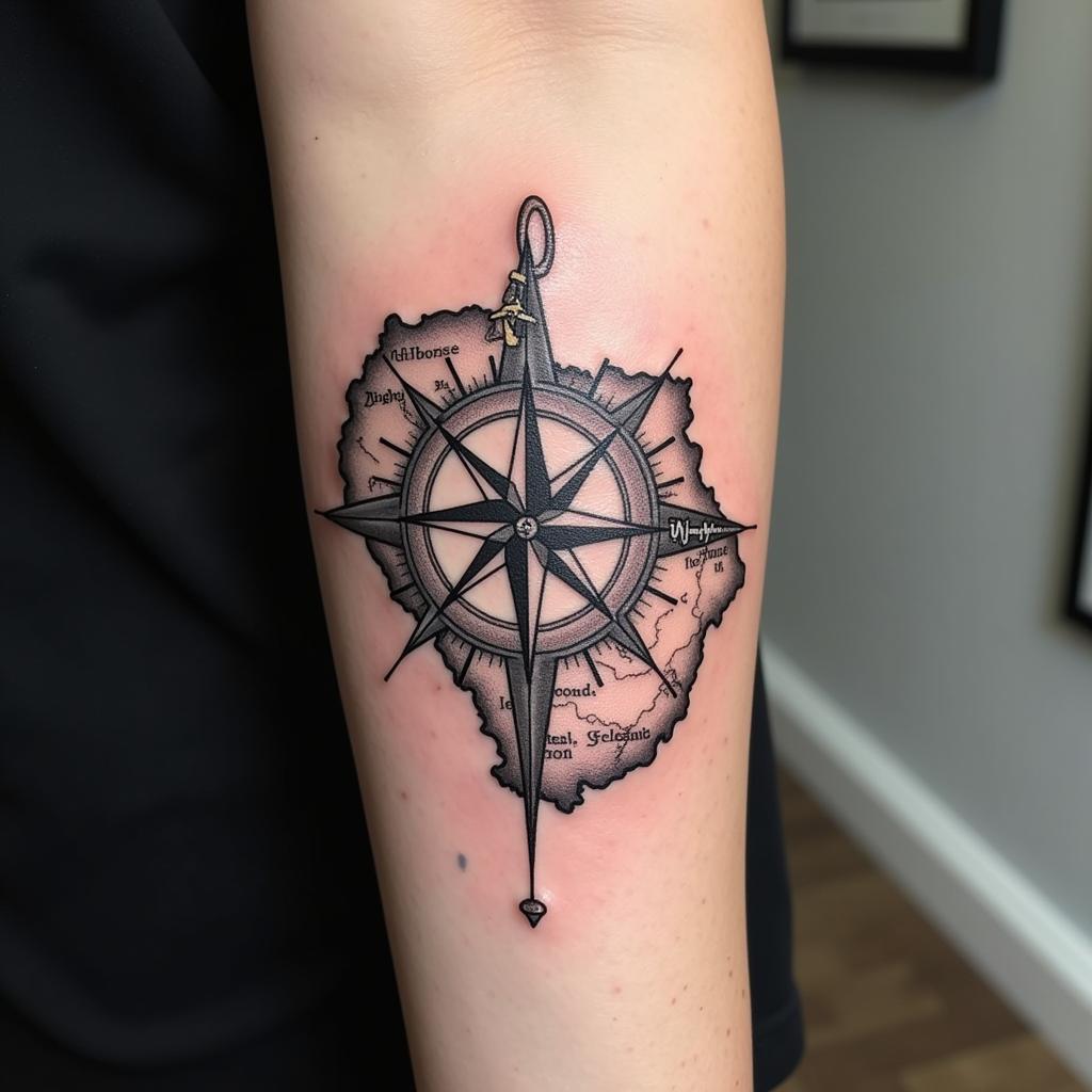 Hình xăm la bàn và bản đồ tượng trưng cho đam mê khám phá thế giới và chinh phục những vùng đất mới