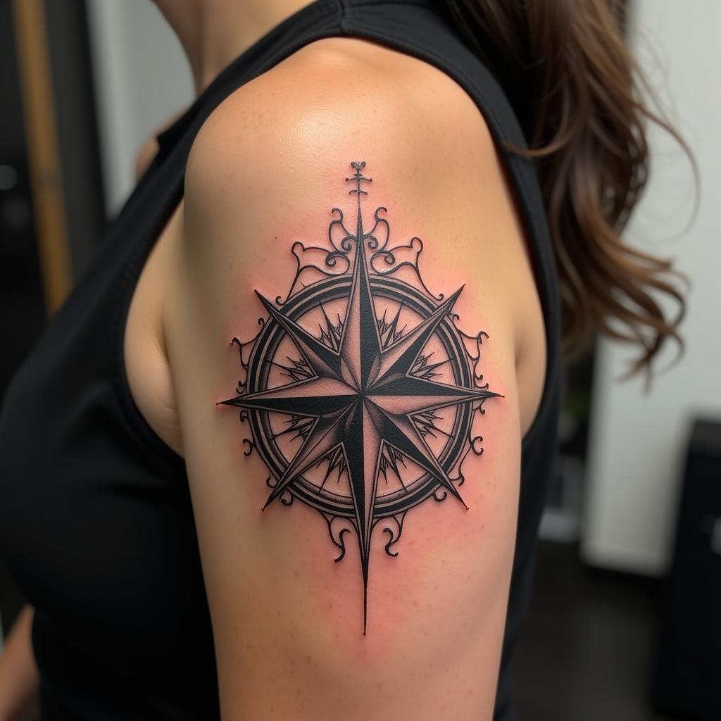 Hình xăm la bàn ở bắp tay nữ, vị trí thể hiện cá tính mạnh mẽ và sự quyết đoán