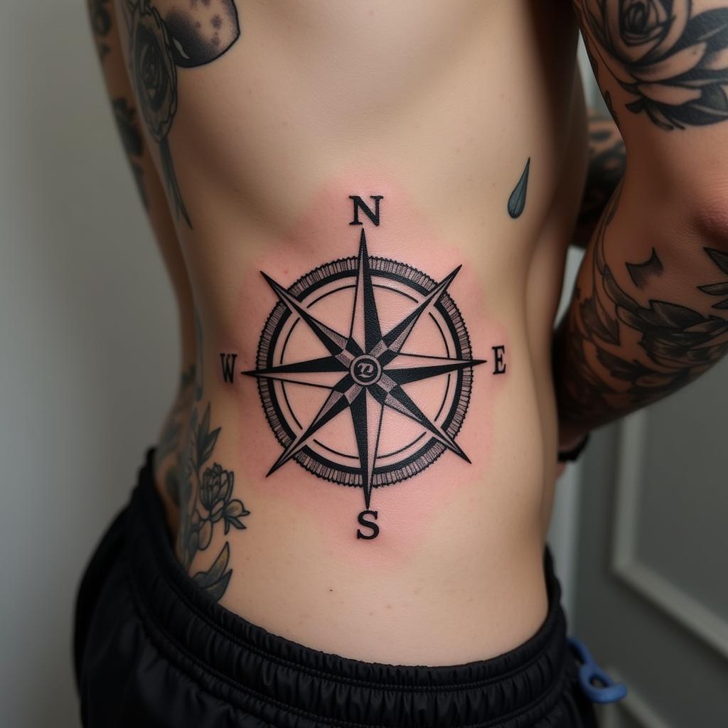 Hình xăm la bàn bên hông nam biểu tượng cho sự định hướng, đam mê khám phá và tinh thần tự do