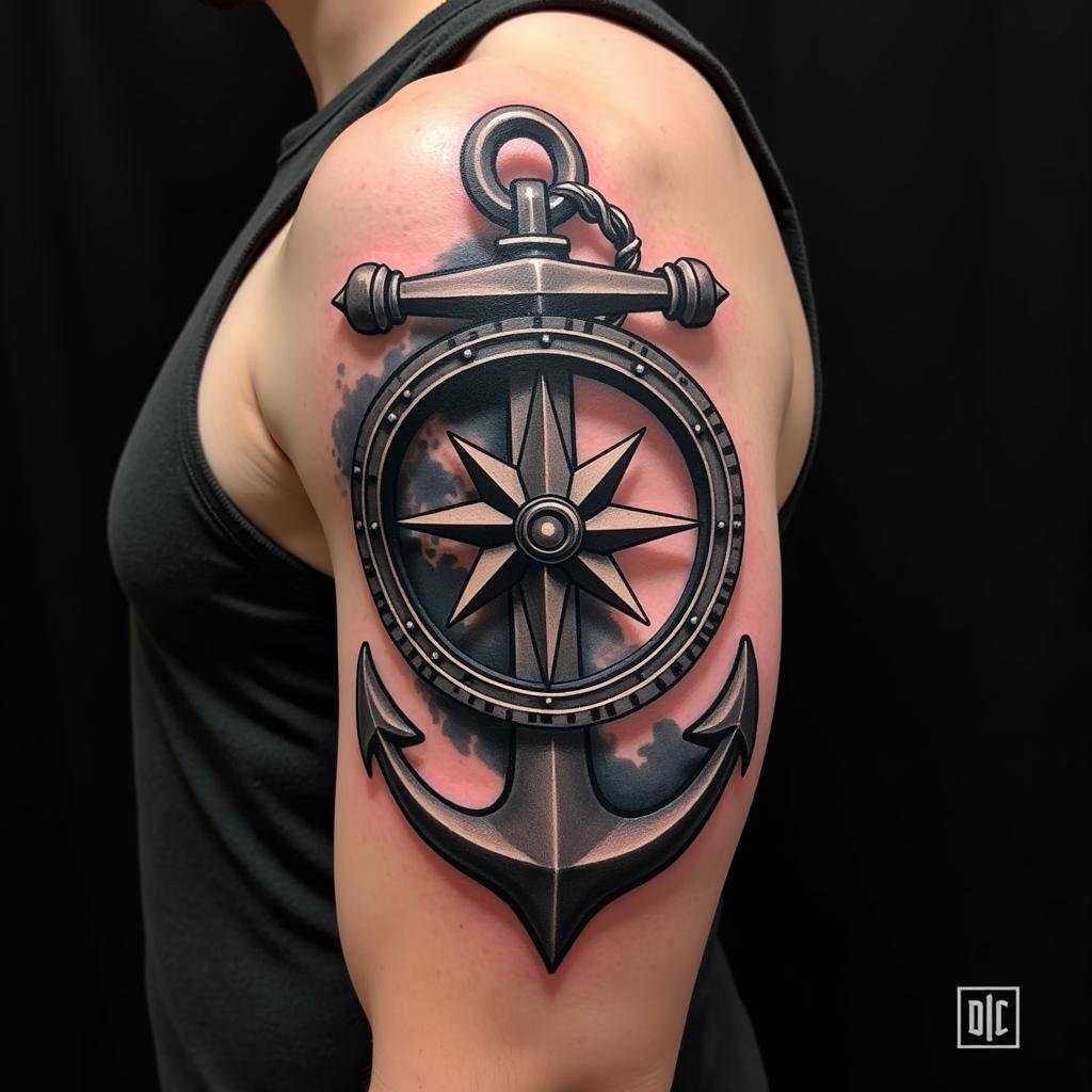 Hình Xăm Neo La Bàn Bắp Tay: Ý Nghĩa, Vị Trí, Mẫu Đẹp Nhất 2 hinh xam la ban mo neo 3d song dong 67c020 1