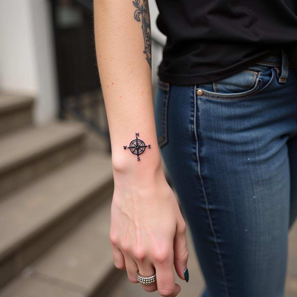 Hình xăm la bàn nữ ở cổ tay, thể hiện cá tính mạnh mẽ và tinh thần tự do khám phá