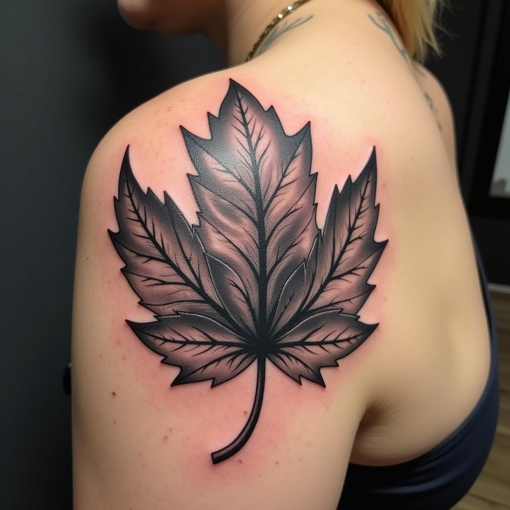 Hinh-xam-chiếc-lá-lớn-ở-bả-vai-tông-màu-đen-xám-thể-hiện-sự-mạnh-mẽ