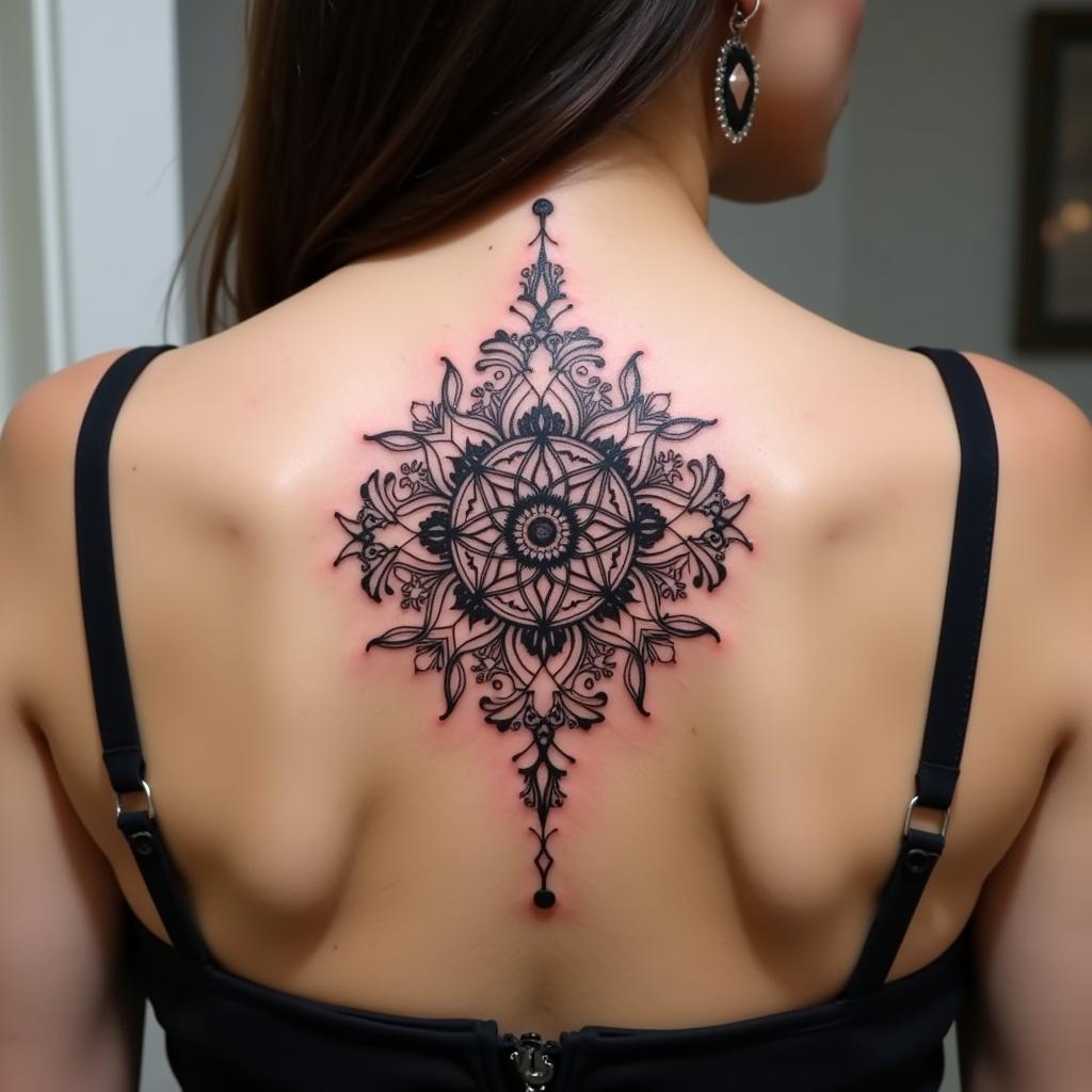 Hình xăm lưng nữ mandala với họa tiết đối xứng và ý nghĩa tâm linh