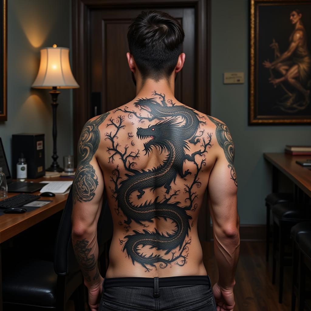 Hình xăm rồng lớn ở lưng thể hiện sự mạnh mẽ và vẻ đẹp bí ẩn