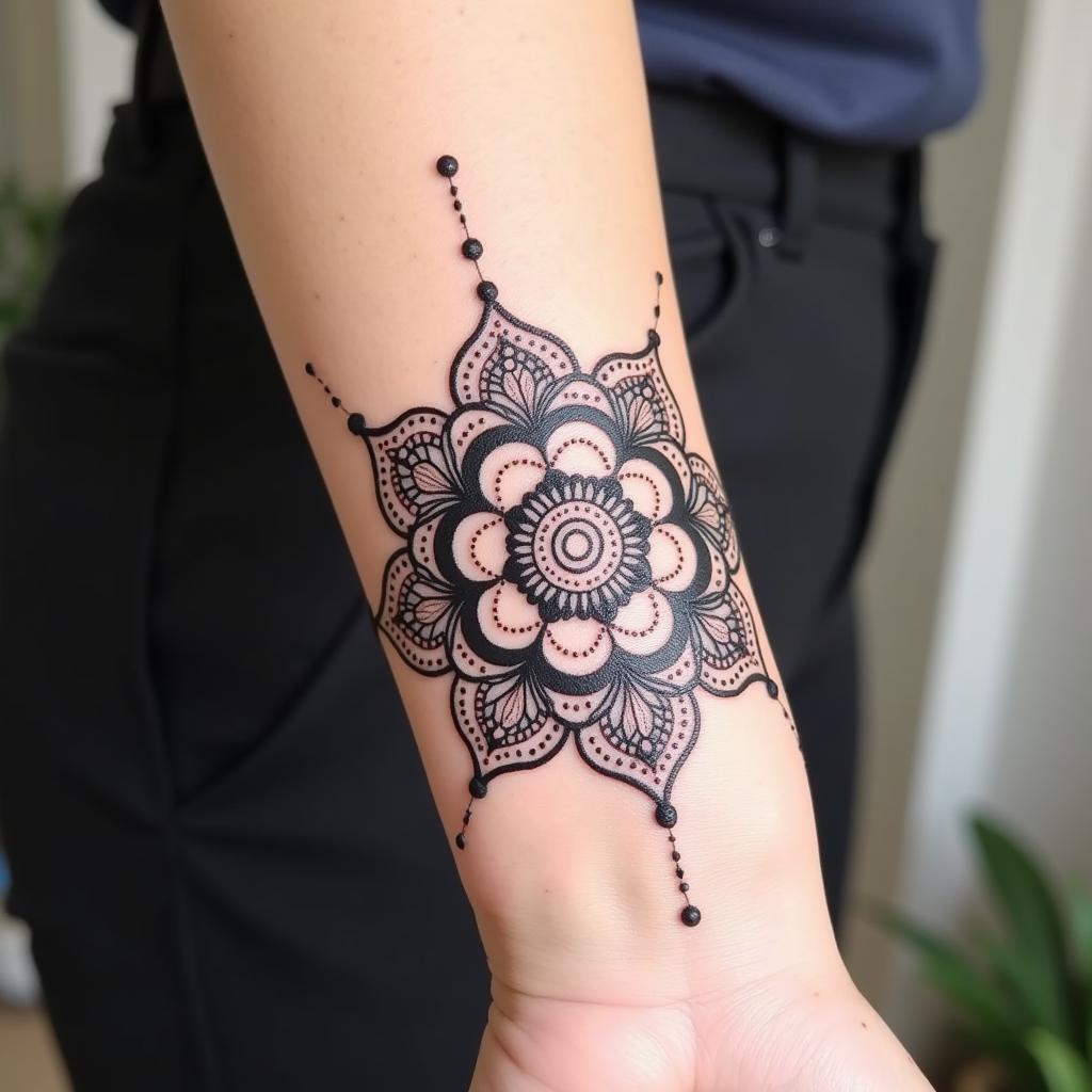 hinh-xam-mandala-dotwork-co-tay-nu-tinh-te-67bc29 Hình xăm Mandala dotwork ở cổ tay nữ với các chấm tinh tế