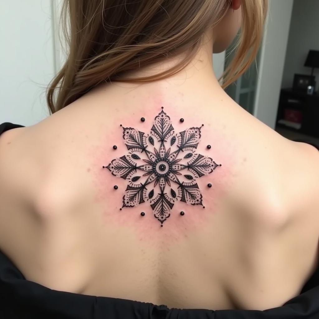 Hình xăm mandala dotwork sau gáy tinh tế thể hiện sự cân bằng và hài hòa