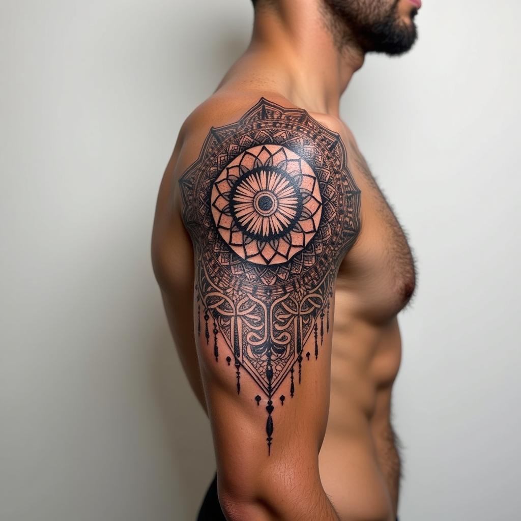 Hình xăm mandala hoa văn phức tạp ở bả vai nam