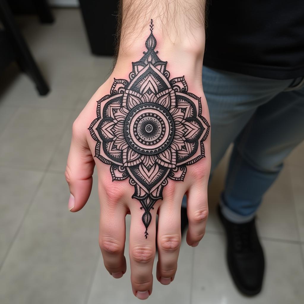 Hình xăm mandala trên tay nam với họa tiết phức tạp, thể hiện sự cân bằng và tâm linh