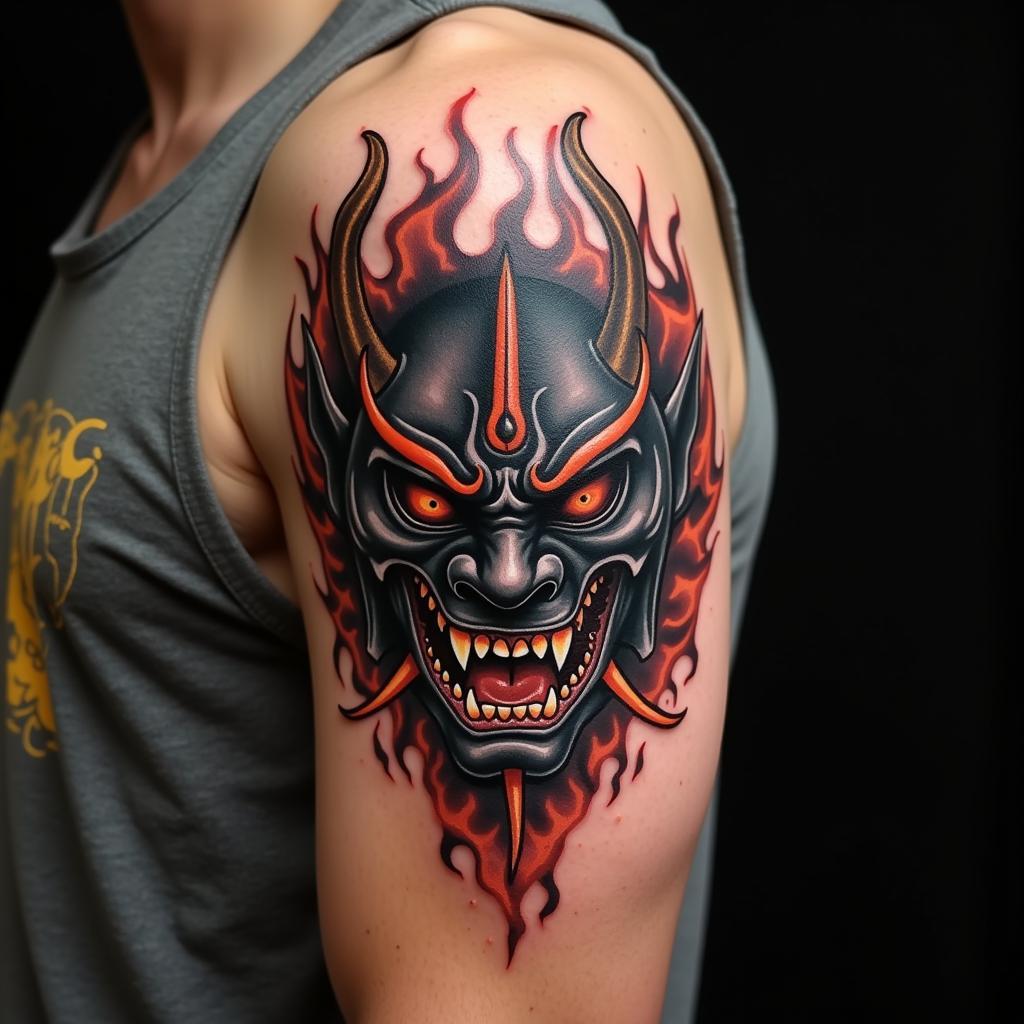 Hình xăm mặt quỷ Oni Nhật cổ trên bắp tay mang ý nghĩa bảo vệ và xua đuổi tà ma