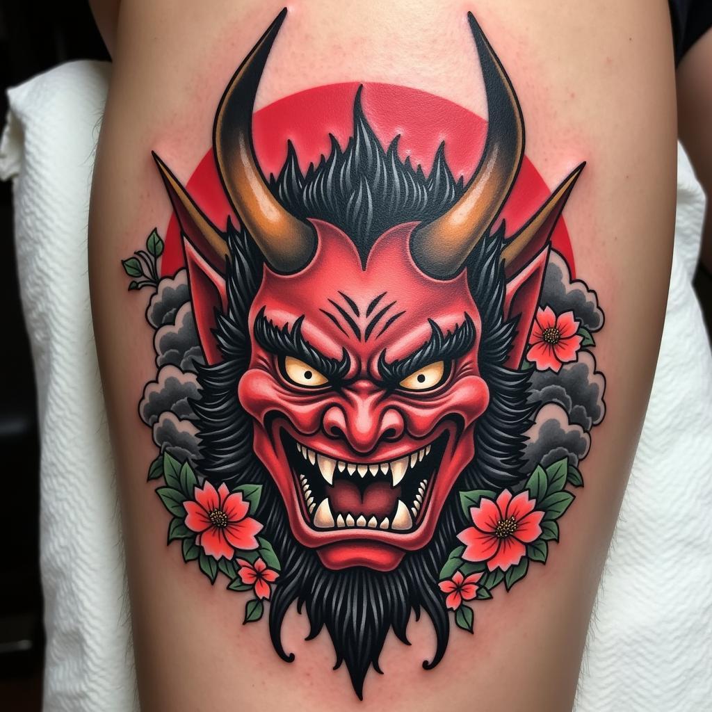 Hinh xam mat quy Oni phong cach Irezumi Nhat Ban voi hoa anh dao