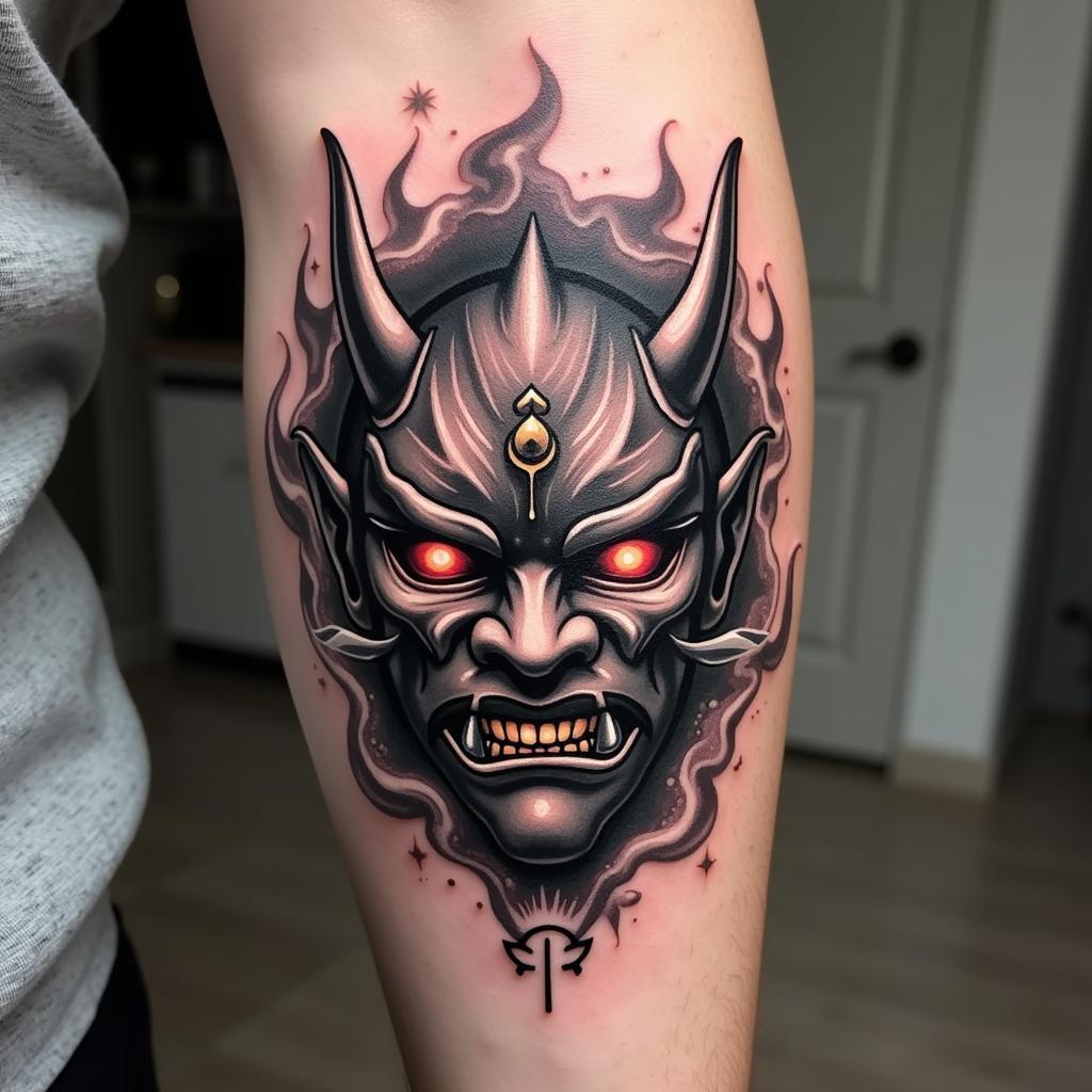 Hình xăm mặt quỷ trắng đen ý nghĩa sức mạnh bảo vệ